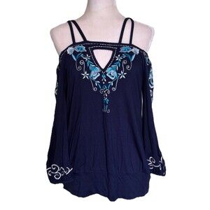 Boston Proper Women's Boho Festival Cold Shoulder Embroidered Peasant Top Sz Med